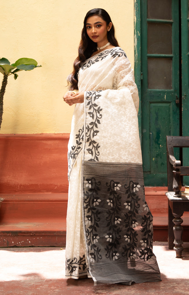 Swarn White Saree with Striking Flower Vine Woven Design in Black