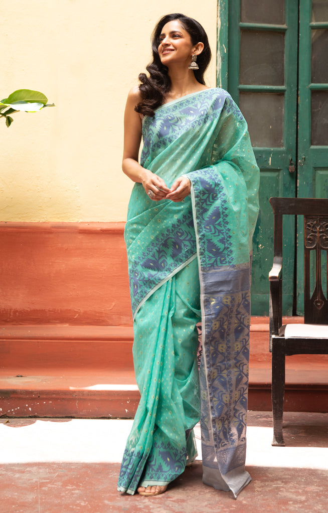 Turquoise Blue Saree With Woven Jamdani Geometric Design