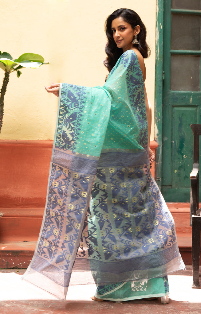 Turquoise Blue Saree With Woven Jamdani Geometric Design