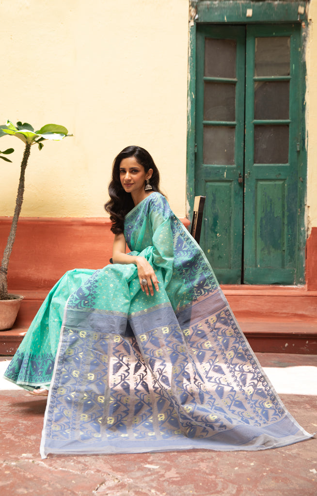 Turquoise Blue Saree With Woven Jamdani Geometric Design