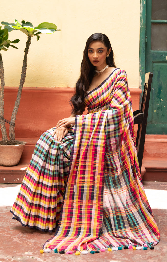 Vibrant Multi coloured cotton  Check design  saree