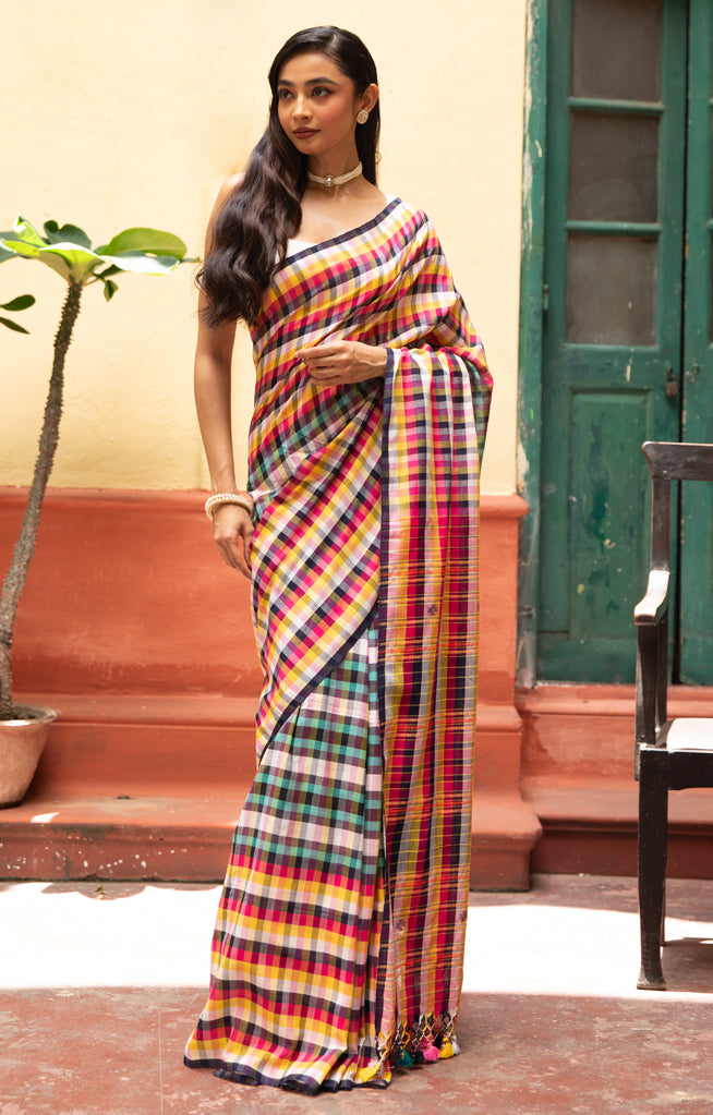 Vibrant Multi coloured cotton  Check design  saree