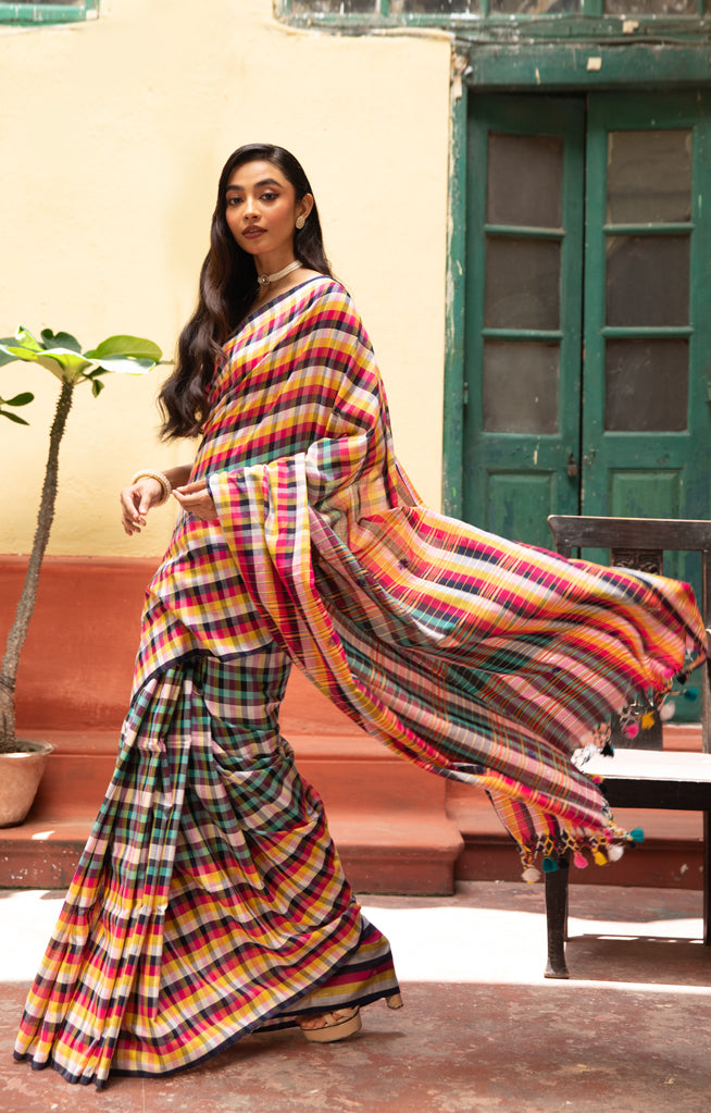 Vibrant Multi coloured cotton  Check design  saree