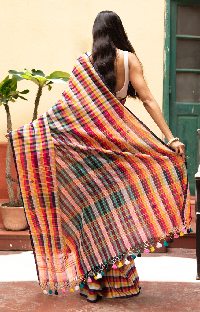 Vibrant Multi coloured cotton  Check design  saree