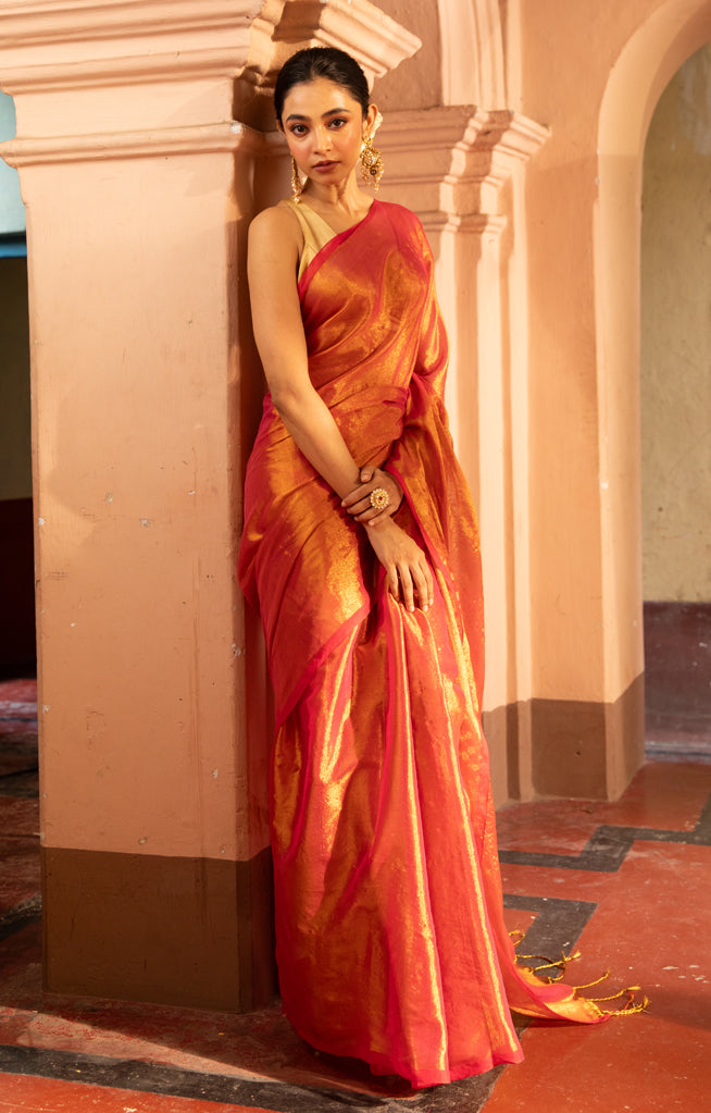 Flaming type Crange Tissue with  pure cotton saree
