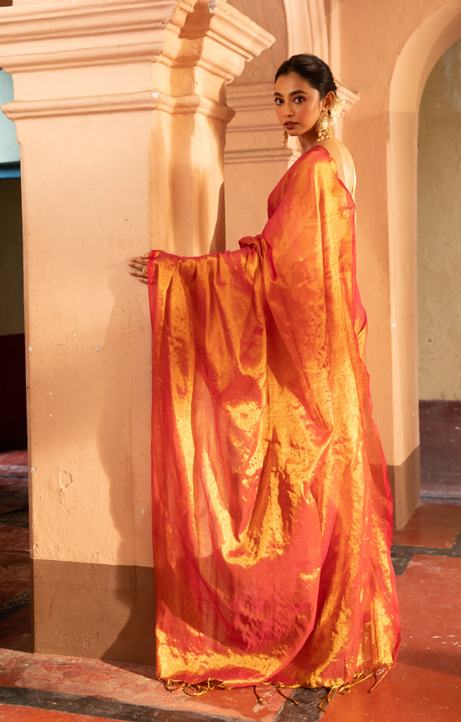 Flaming type Crange Tissue with  pure cotton saree