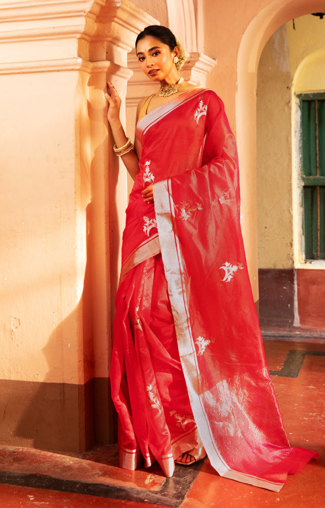 Striking Red Silk Chanderi Saree With Woven Buttas