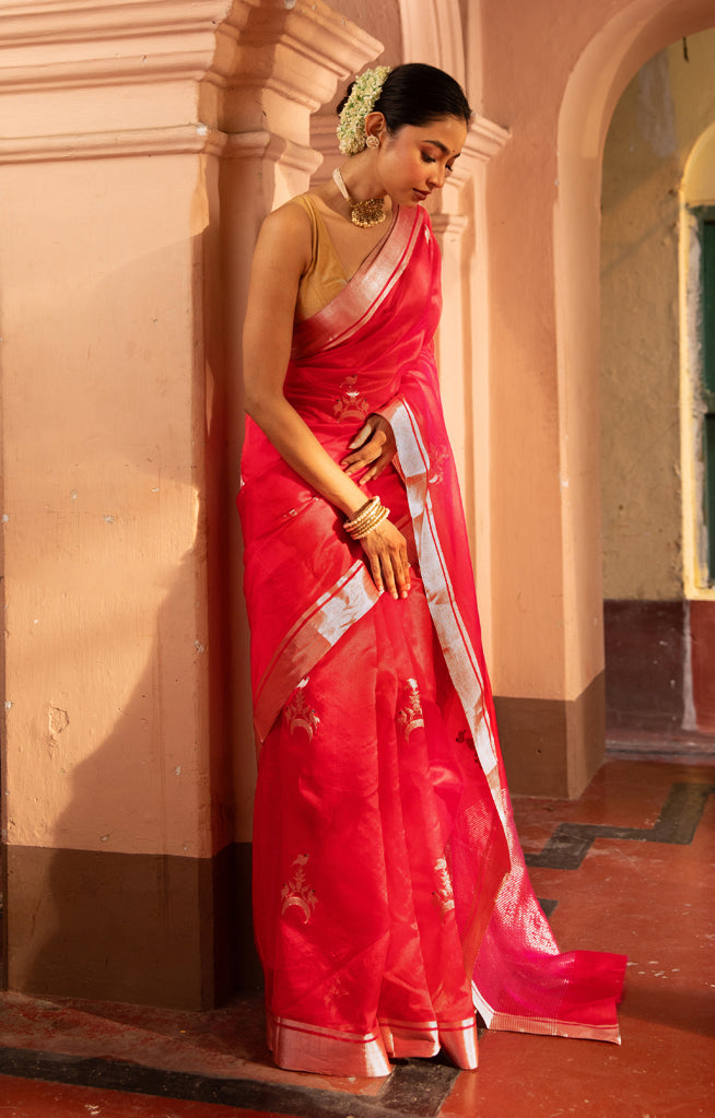 Striking Red Silk Chanderi Saree With Woven Buttas