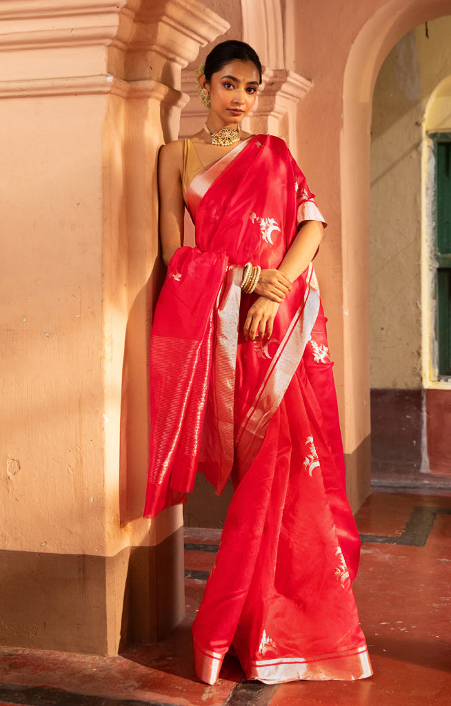 Striking Red Silk Chanderi Saree With Woven Buttas