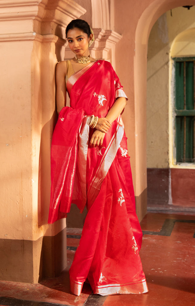 Striking Red Silk Chanderi Saree With Woven Buttas