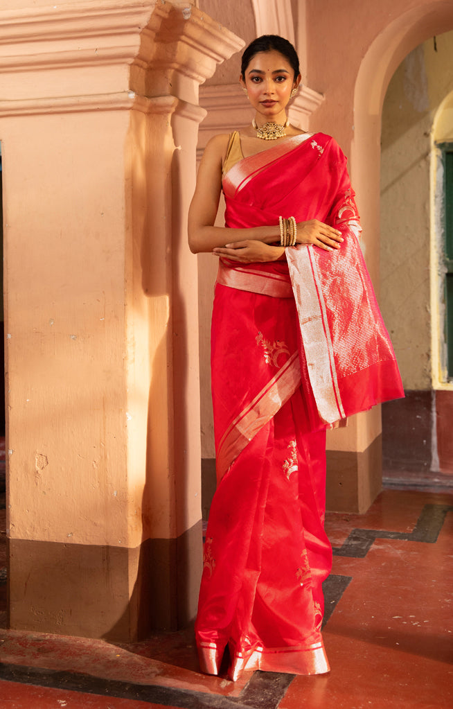 Striking Red Silk Chanderi Saree With Woven Buttas