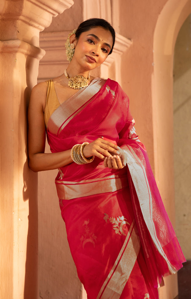 Striking Red Silk Chanderi Saree With Woven Buttas