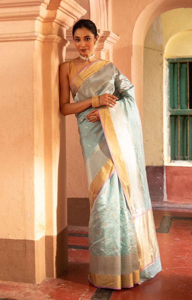 Ice Blue color Chanderi Silk Saree with Gold and  Silver Zari Woven Motif