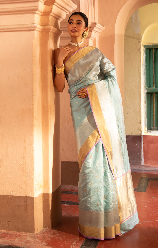 Ice Blue color Chanderi Silk Saree with Gold and  Silver Zari Woven Motif
