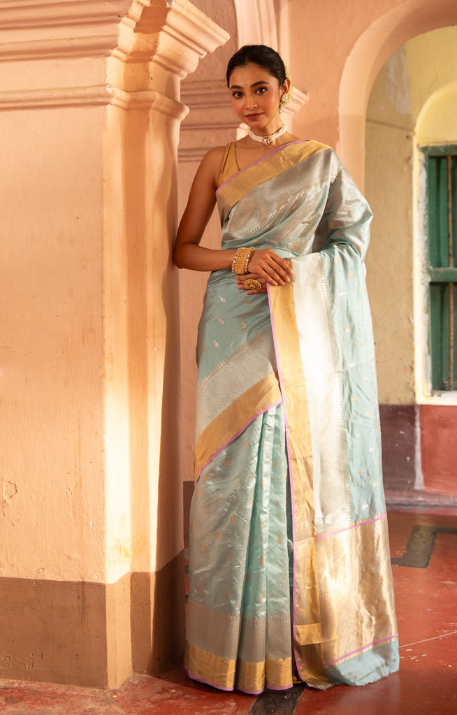 Ice Blue color Chanderi Silk Saree with Gold and  Silver Zari Woven Motif