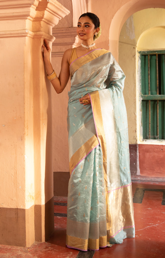 Ice Blue color Chanderi Silk Saree with Gold and  Silver Zari Woven Motif