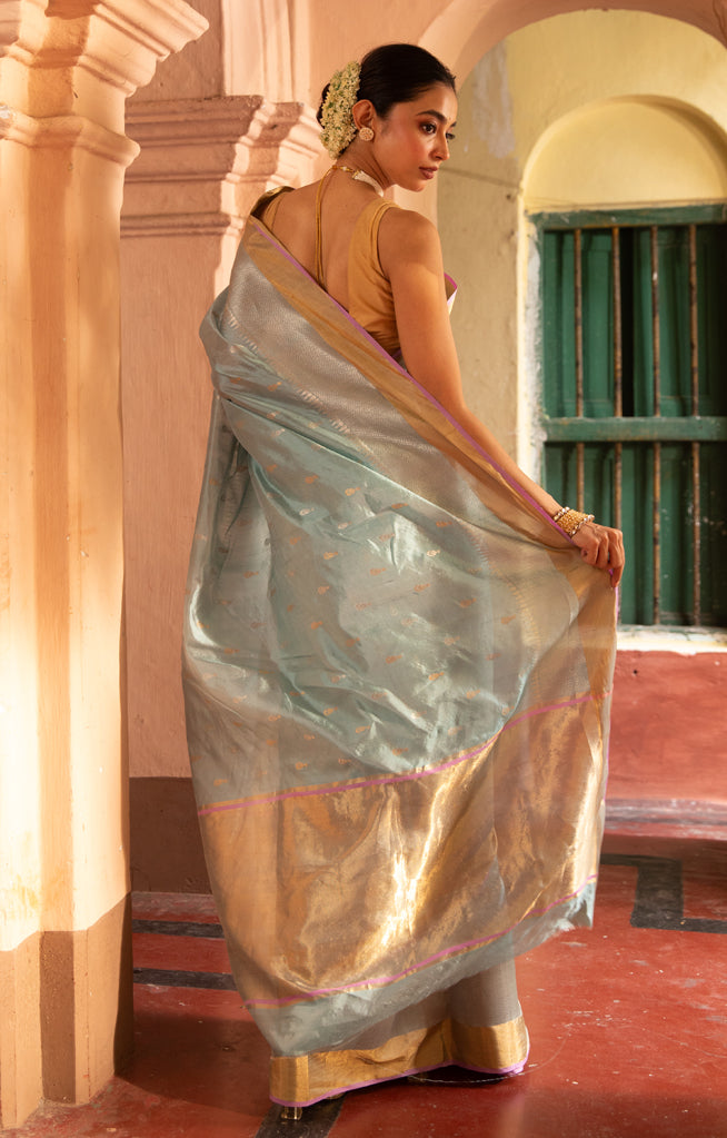 Ice Blue color Chanderi Silk Saree with Gold and  Silver Zari Woven Motif