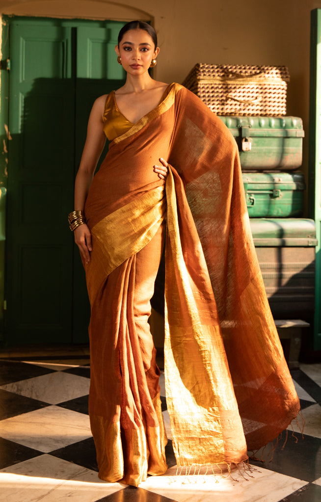 golden color Linen Saree With Gold Zari Border & Pallu