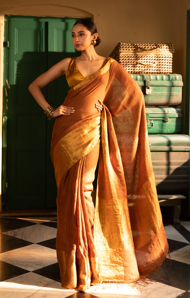 golden color Linen Saree With Gold Zari Border & Pallu