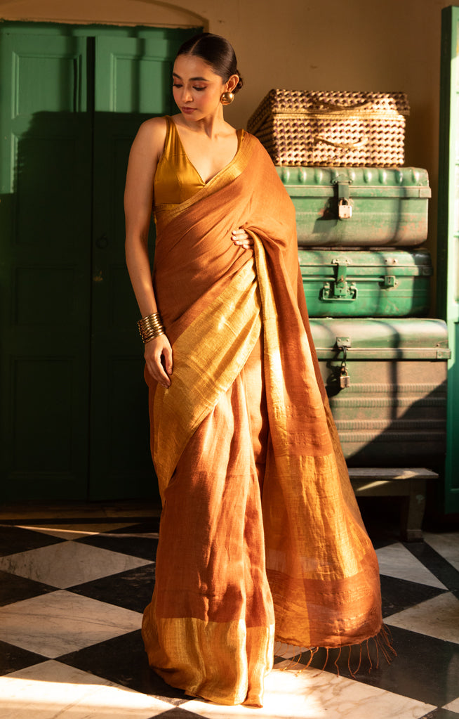 golden color Linen Saree With Gold Zari Border & Pallu