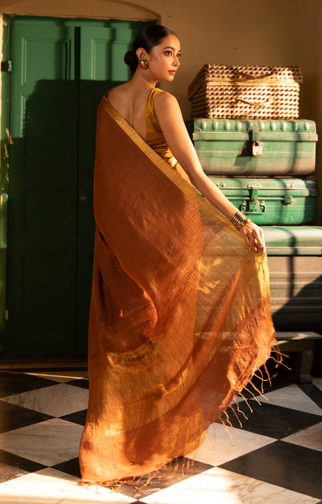 golden color Linen Saree With Gold Zari Border & Pallu