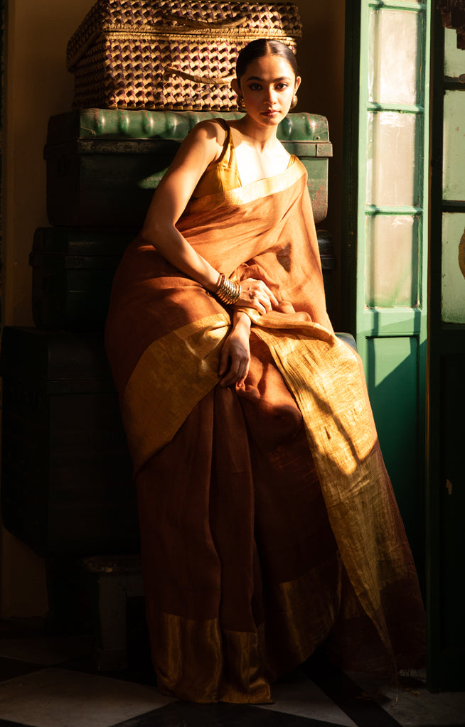 golden color Linen Saree With Gold Zari Border & Pallu