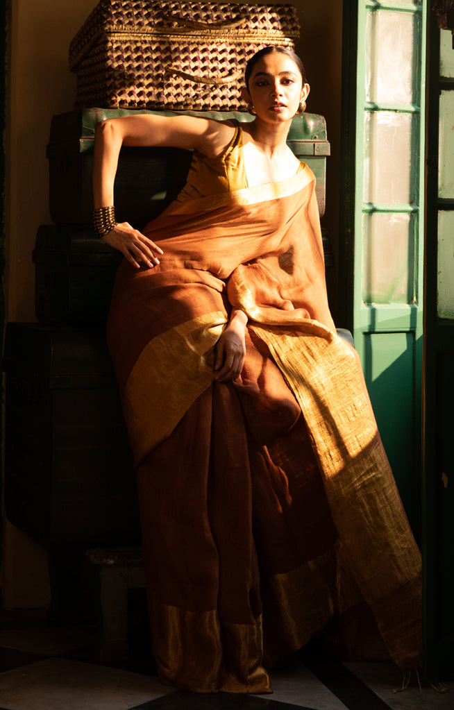 golden color Linen Saree With Gold Zari Border & Pallu