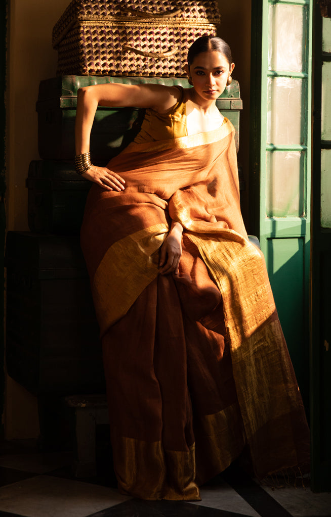 golden color Linen Saree With Gold Zari Border & Pallu