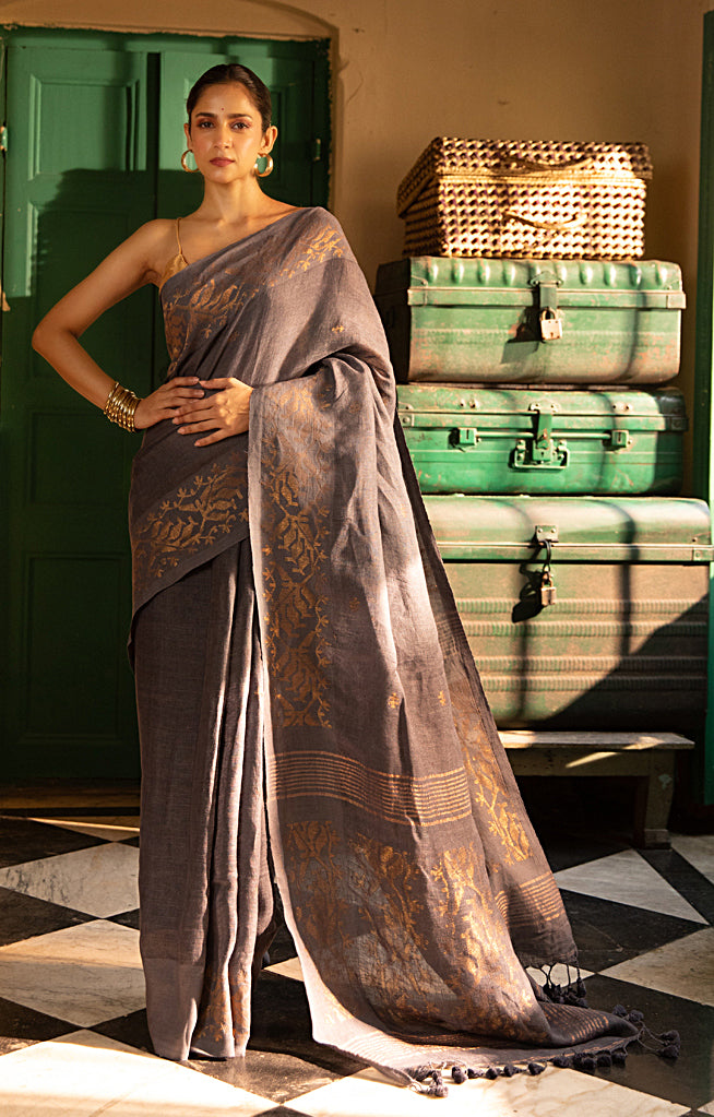 Steel Grey Linen Saree with Silver Zari Jamdani Woven Design