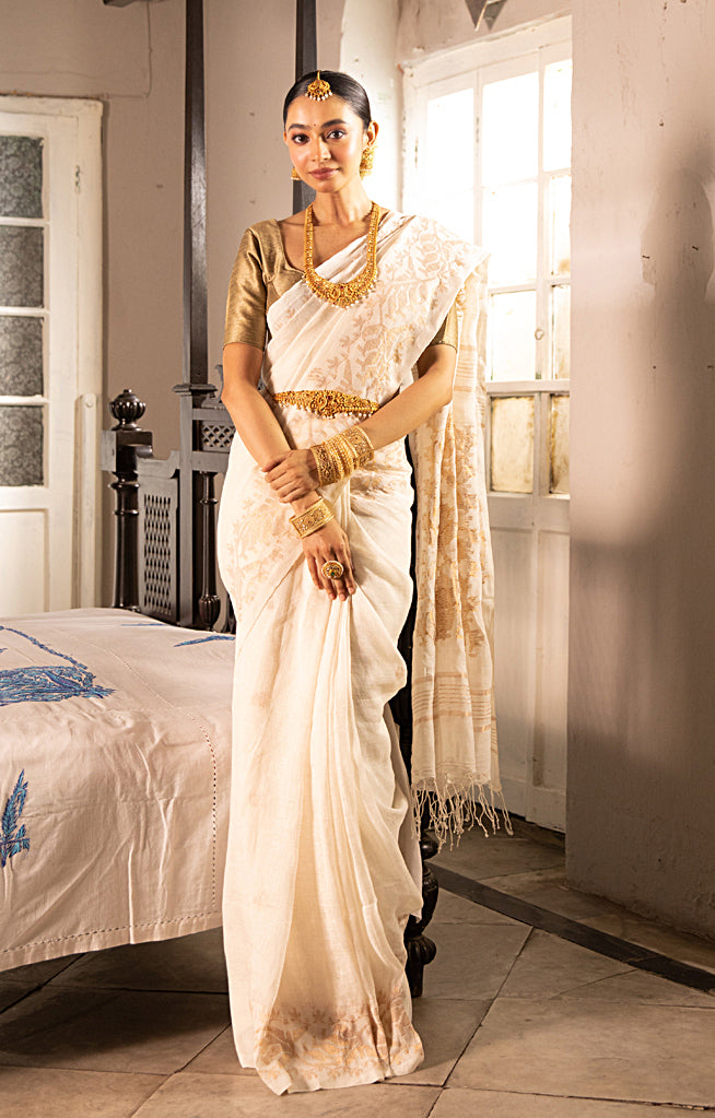 Pearl White color  Linen Saree with Silver Zari Jamdani Woven Design