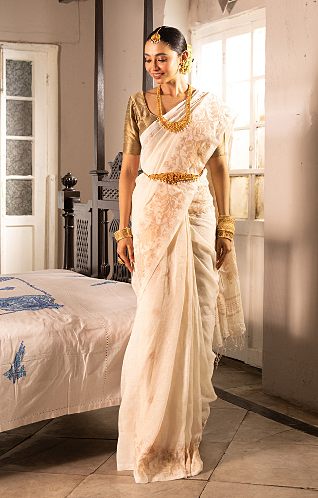 Pearl White color  Linen Saree with Silver Zari Jamdani Woven Design