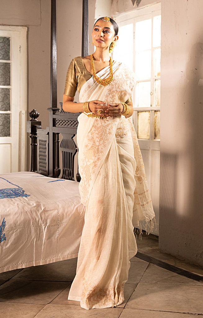 Pearl White color  Linen Saree with Silver Zari Jamdani Woven Design