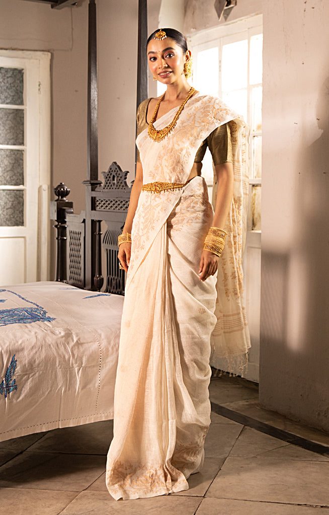 Pearl White color  Linen Saree with Silver Zari Jamdani Woven Design