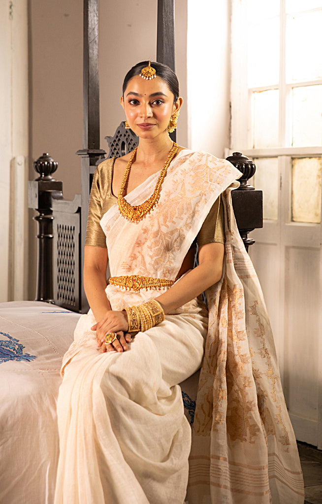 Pearl White color  Linen Saree with Silver Zari Jamdani Woven Design