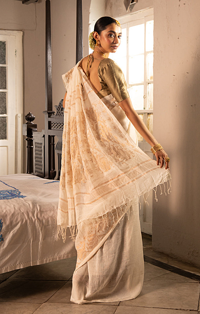 Pearl White color  Linen Saree with Silver Zari Jamdani Woven Design