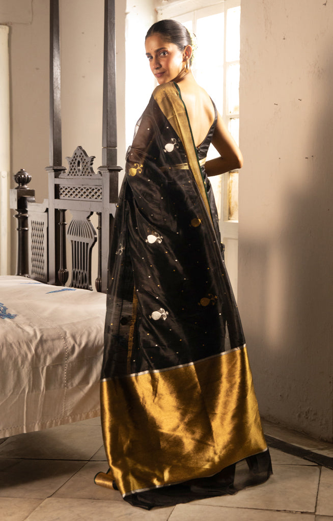 Striking Black Silk Chanderi Saree With Woven Buttas
