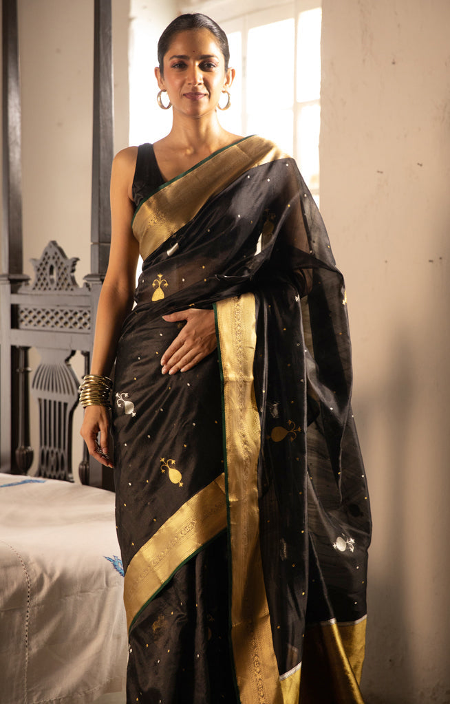 Striking Black Silk Chanderi Saree With Woven Buttas