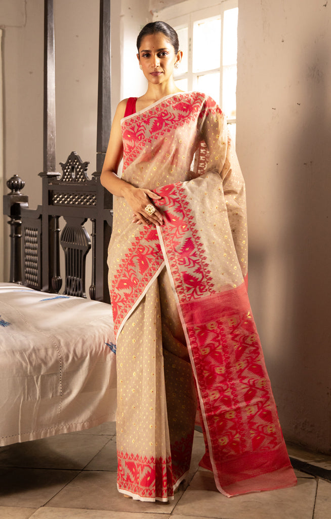 Beautiful Beige Jamdani Saree With Red Woven Geometric Design