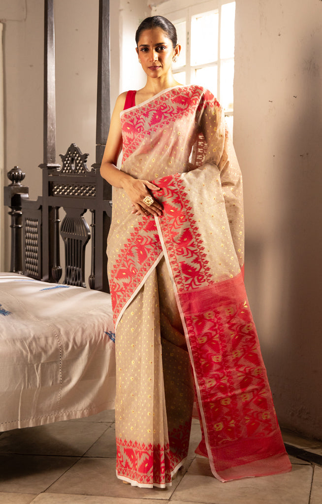 Beautiful Beige Jamdani Saree With Red Woven Geometric Design