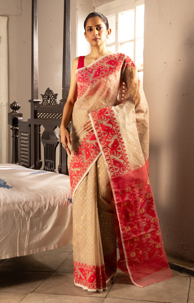 Beautiful Beige Jamdani Saree With Red Woven Geometric Design