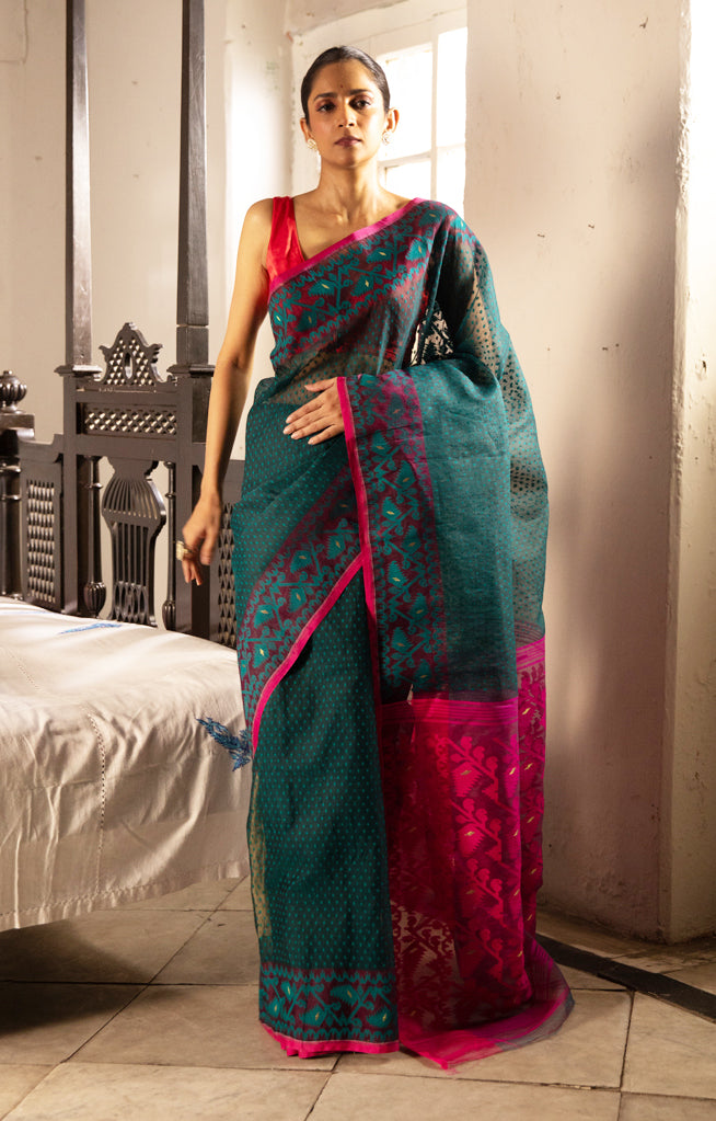 Vibrant Teal cotton and Fuchsia Pink and green color Jamdani saree