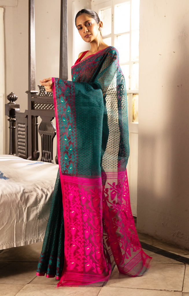 Vibrant Teal cotton and Fuchsia Pink and green color Jamdani saree