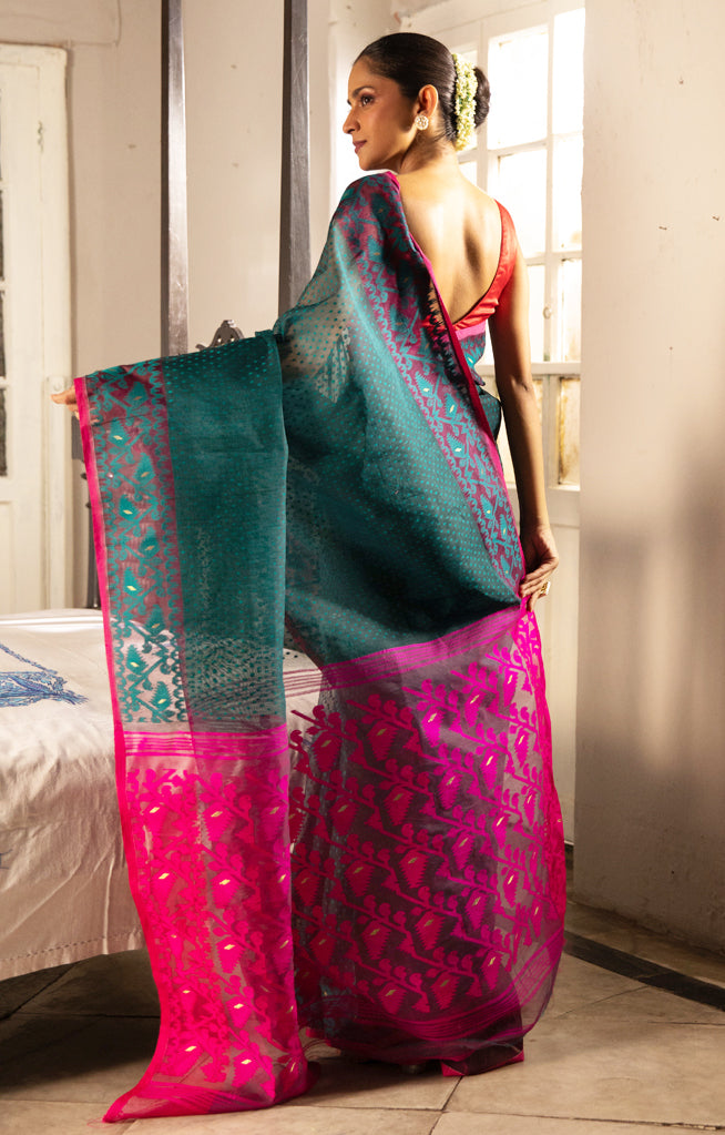 Vibrant Teal cotton and Fuchsia Pink and green color Jamdani saree