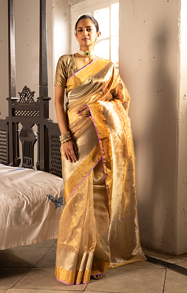 Gold Chanderi Silk Saree with Gold & Silver Zari Leaf Motif