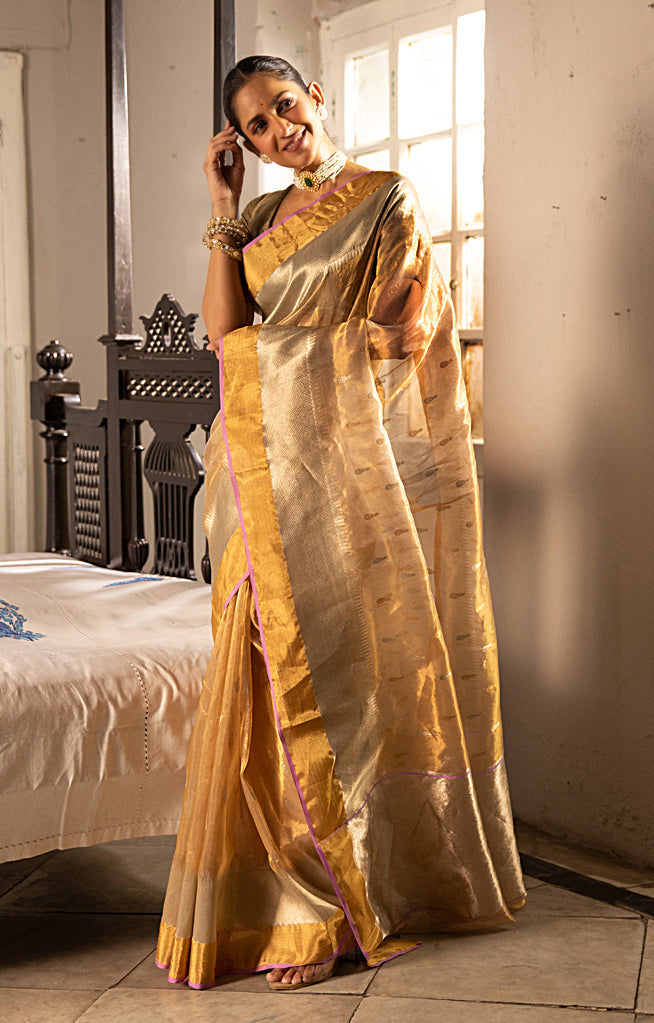 Gold Chanderi Silk Saree with Gold & Silver Zari Leaf Motif