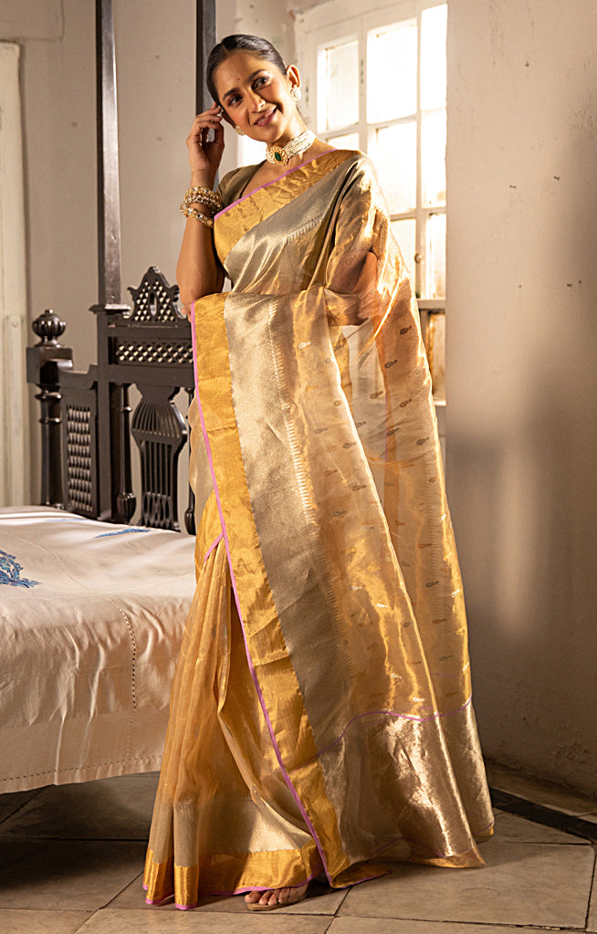 Gold Chanderi Silk Saree with Gold & Silver Zari Leaf Motif