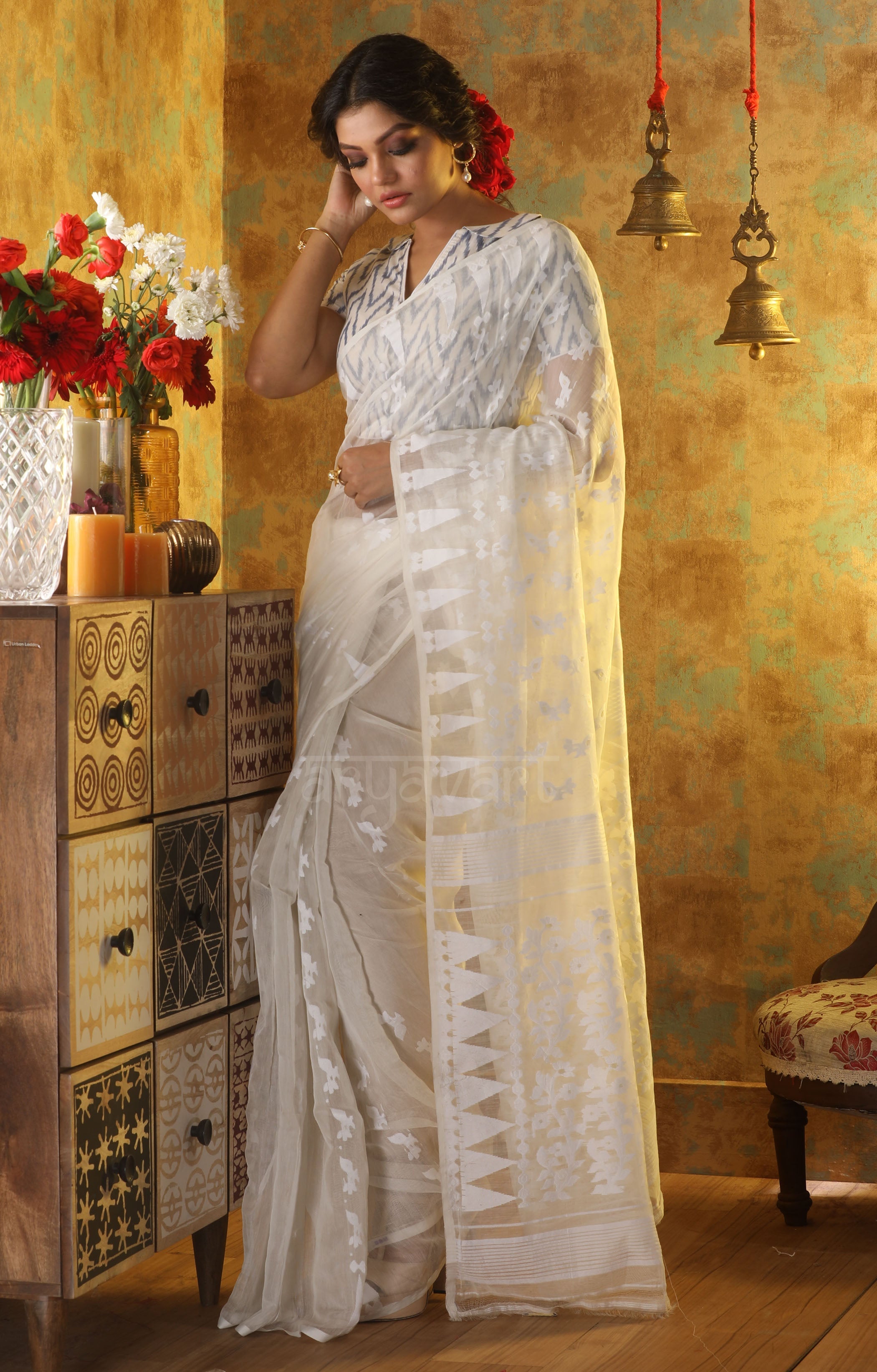 White color  Jamdani Saree with Thread Buttas design