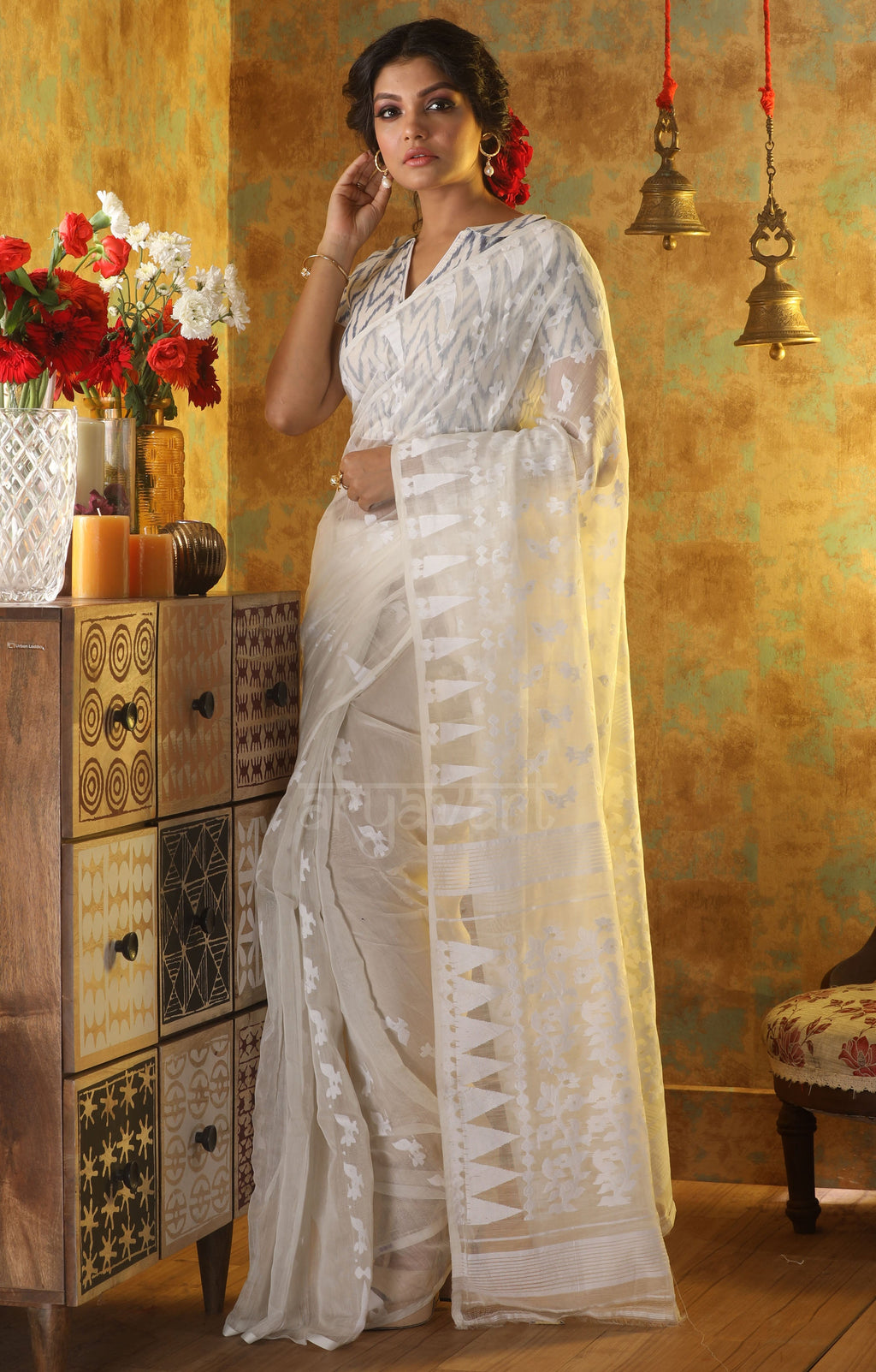 White color  Jamdani Saree with Thread Buttas design