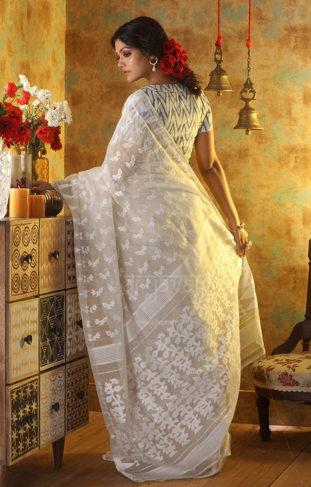 White color  Jamdani Saree with Thread Buttas design
