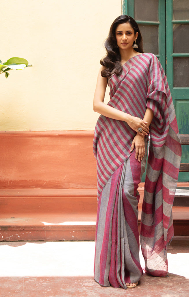 Grey & Berry color with  Striped Linen design Saree